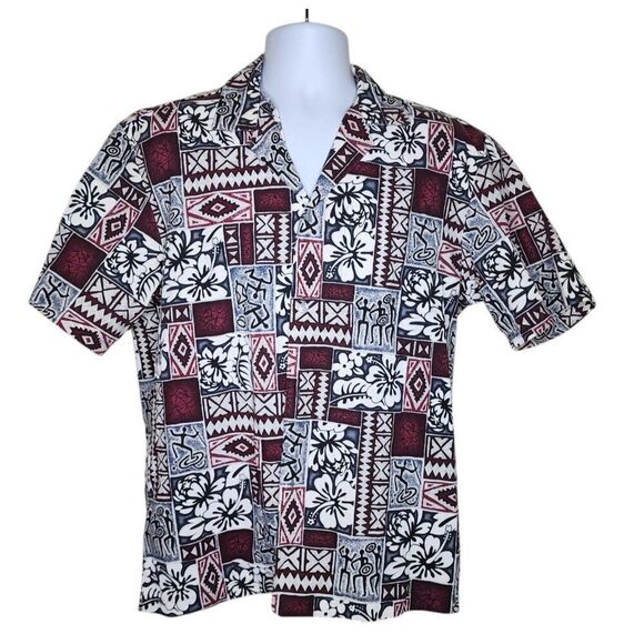 Vintage 80s Short Sleeve Hawaiian Aloha Shirt Mens Size M Red Tapas - Picture 1 of 5